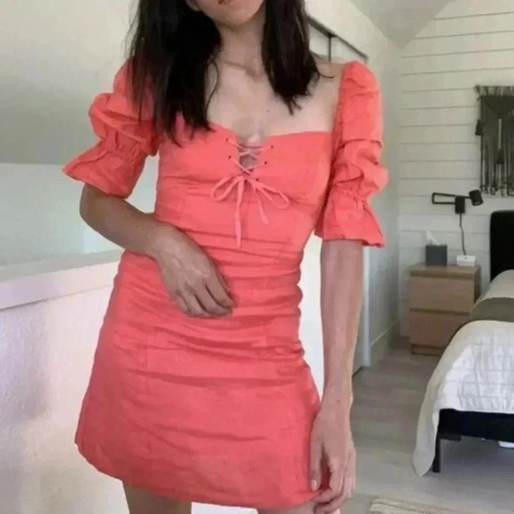 Aritzia Wilfred Stanza Mini Dress Linen Puff Sleeve Coral Pink Corset Size XXS - Picture 5 of 16